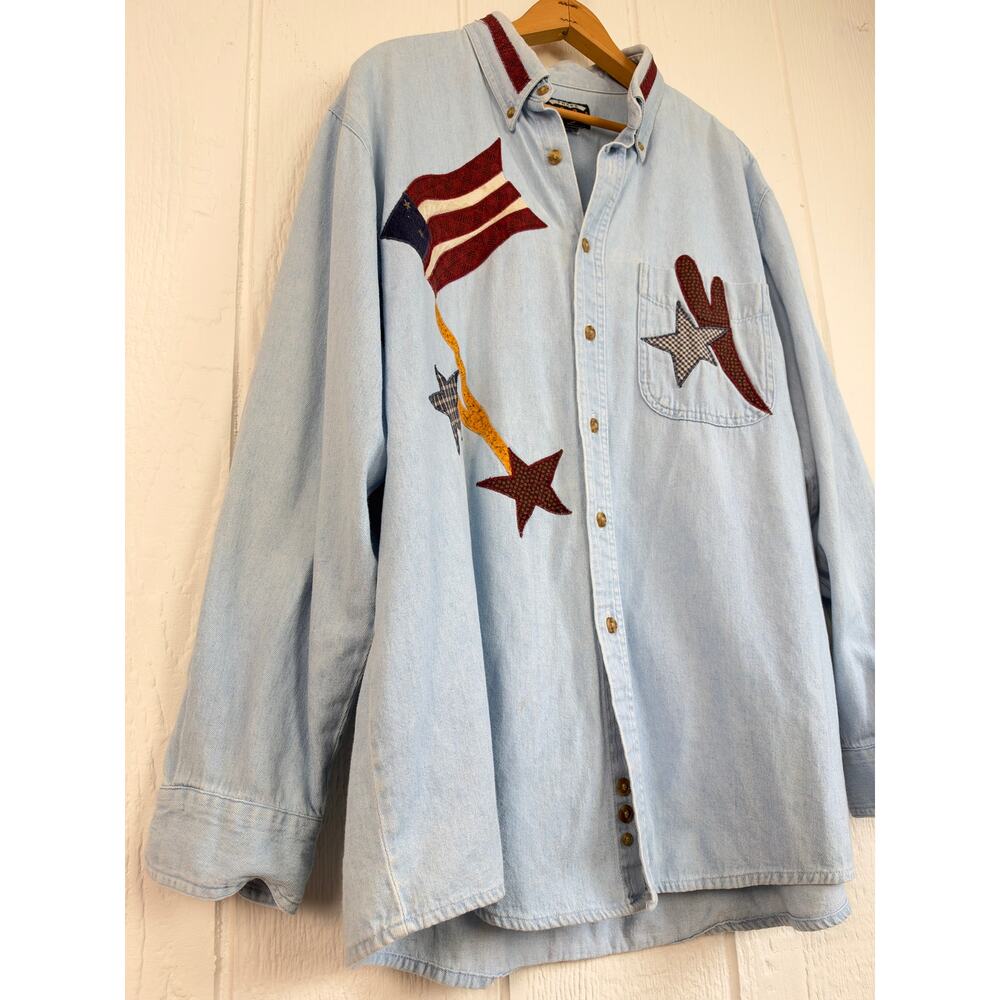 Vintage 90s Three Rivers 2000 Denim Shirt Patriotic Flag Star Applique XL - Picture 4 of 8